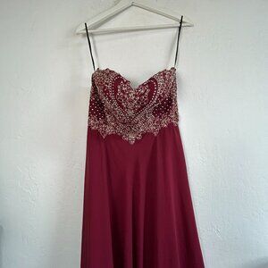 Lulus Royal Romance Burgundy Strapless Rhinestone Maxi Dress Medium Evening Gown